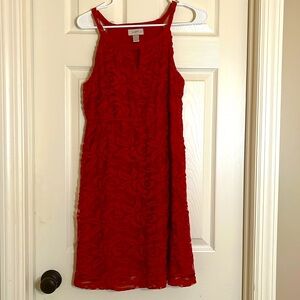Loft red lace overlay dress. Petite S. Flattering, excellent shape. Keyhole